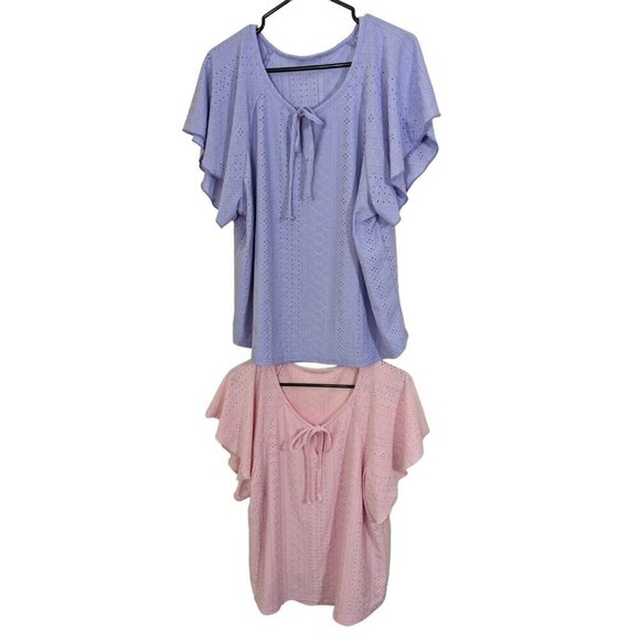 Lot of 2 Womens Tops Plus Size 2X Eyelet Flutter Sleeves Purple Pink Romantic - Picture 1 of 4